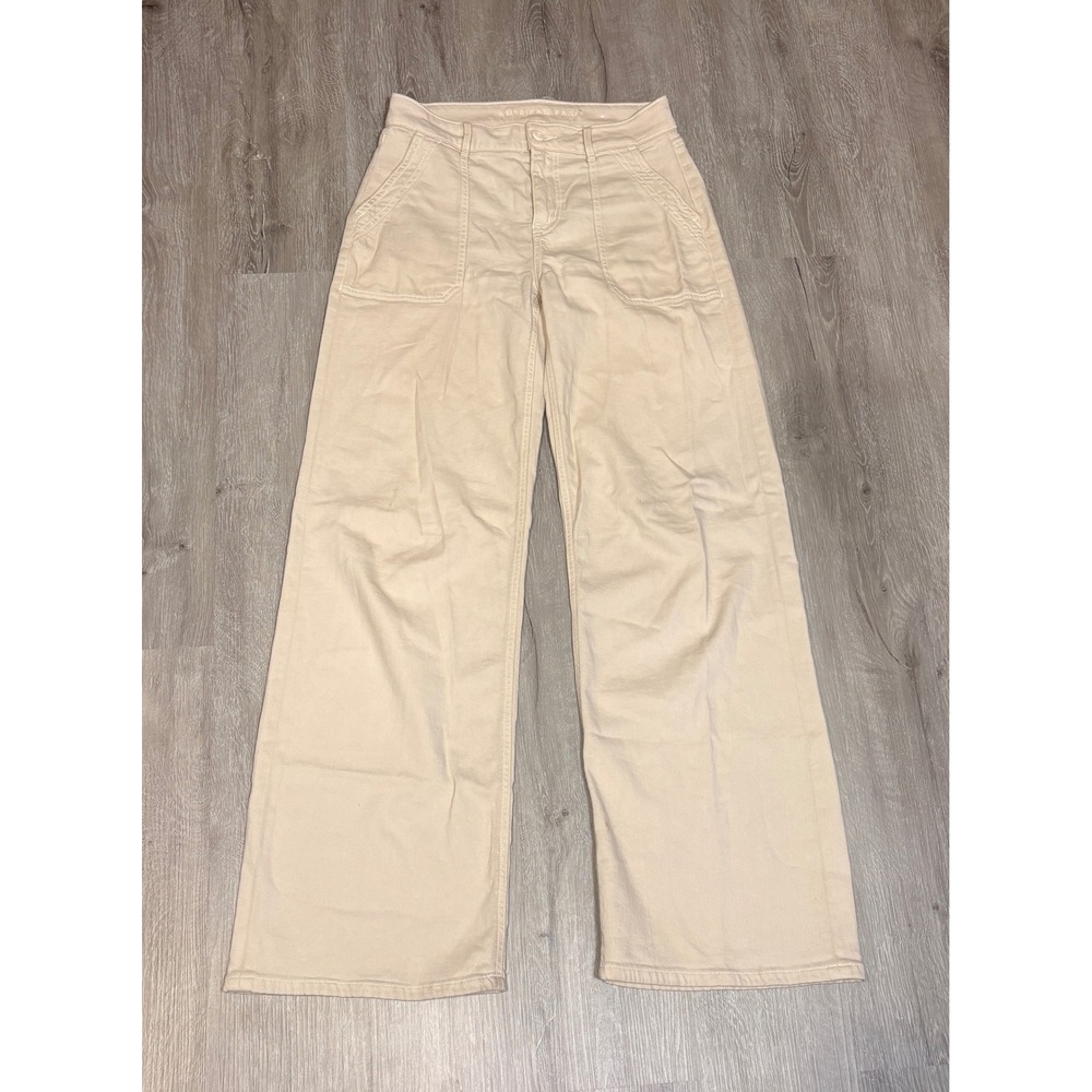 American Eagle Super High-Rise Baggy Wide Leg Pants Cream Khaki Size 0 Regular